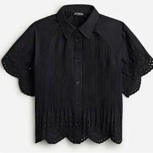 J. Crew Pleated Black Eyelet-Trim Blouse in Cotton Poplin